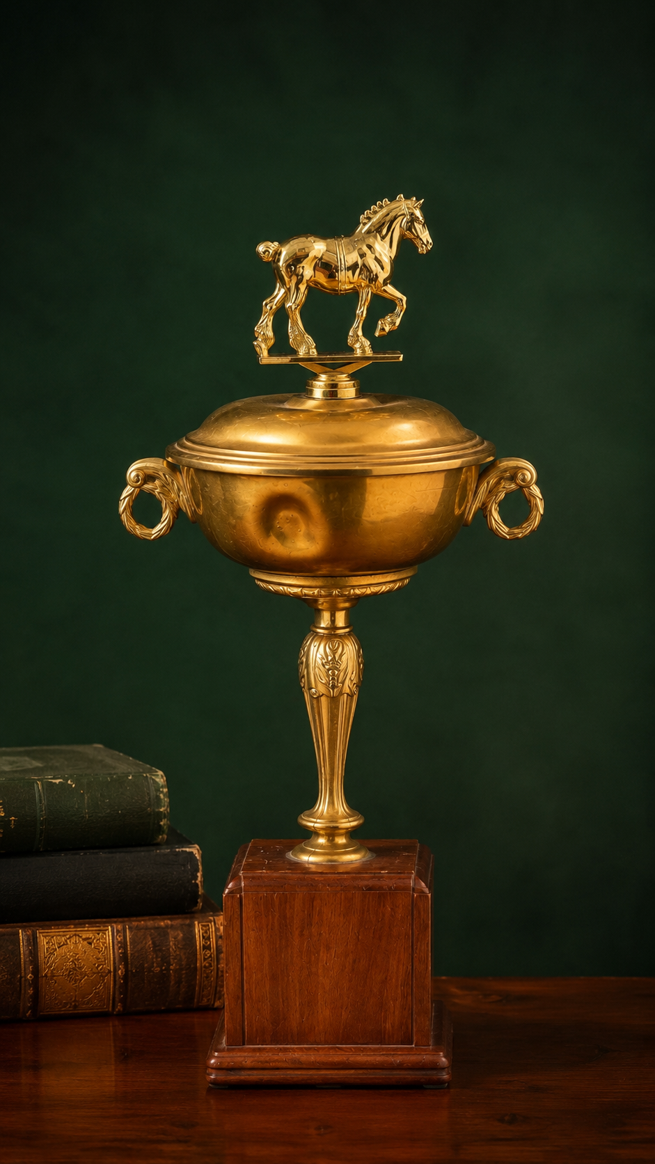 Vintage Brass Equestrian Trophy Urn with Horse Finial on Wooden Base