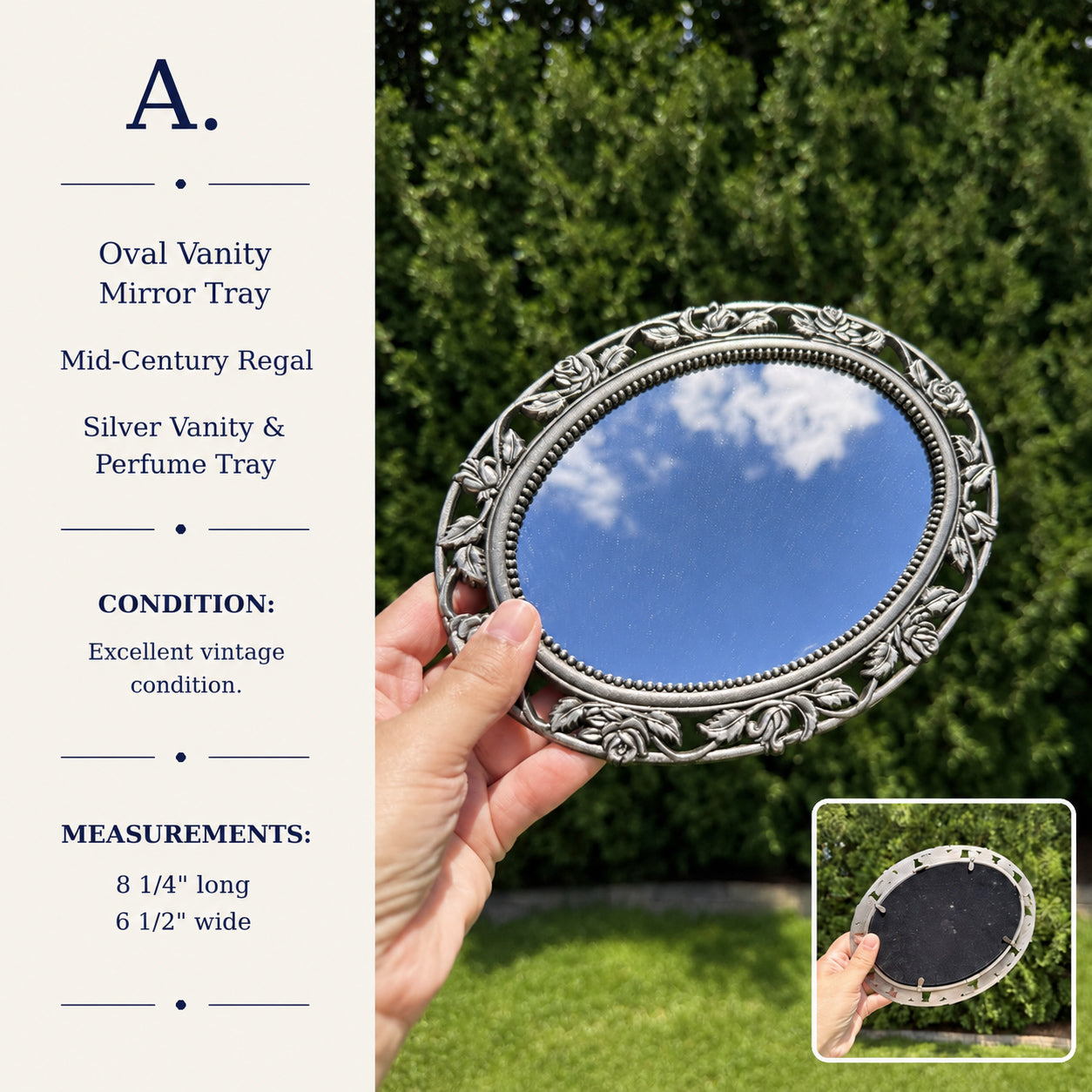 Vintage Oval Silver Vanity Tray | Mid-Century Rose Border Mirror Tray