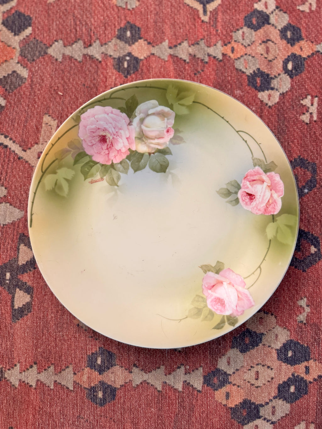 Antique P.S.A.G. Bavaria Maurville Hand-Painted Pink Rose Porcelain Charger | 12”