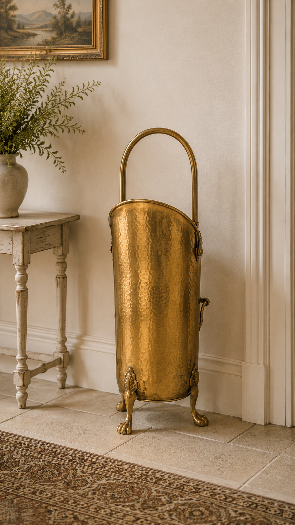 Vintage Hammered Brass Umbrella Stand | Lion Paw Coal Scuttle Fireplace Hod