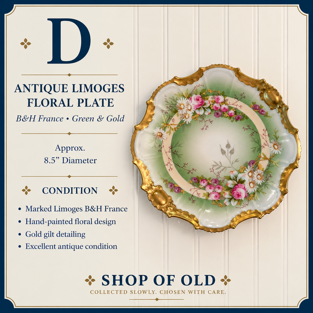 Antique Limoges B&H France Hand-Painted Floral Plate | Green & Gold Gilt | 8.5”