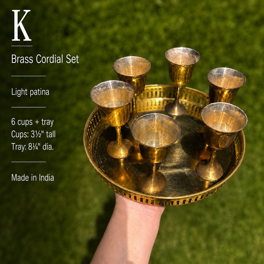 Vintage Brass Cordial Set with Serving Tray | 7-Piece Barware Collection