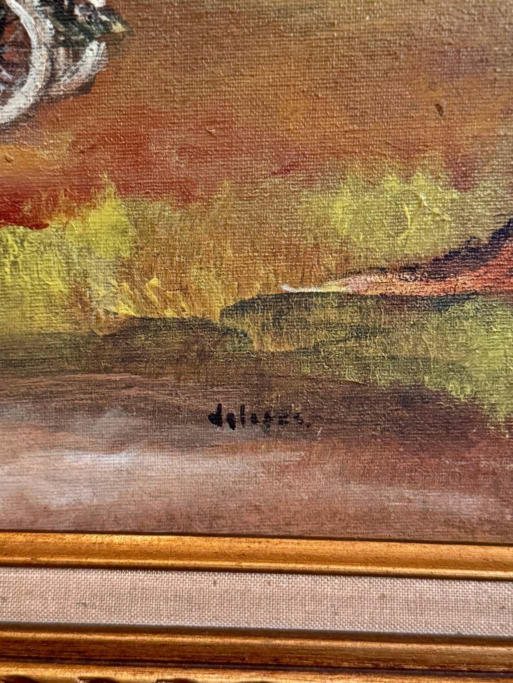 Vintage Signed Landscape Oil Painting with Automobile, Carved Wood Frame