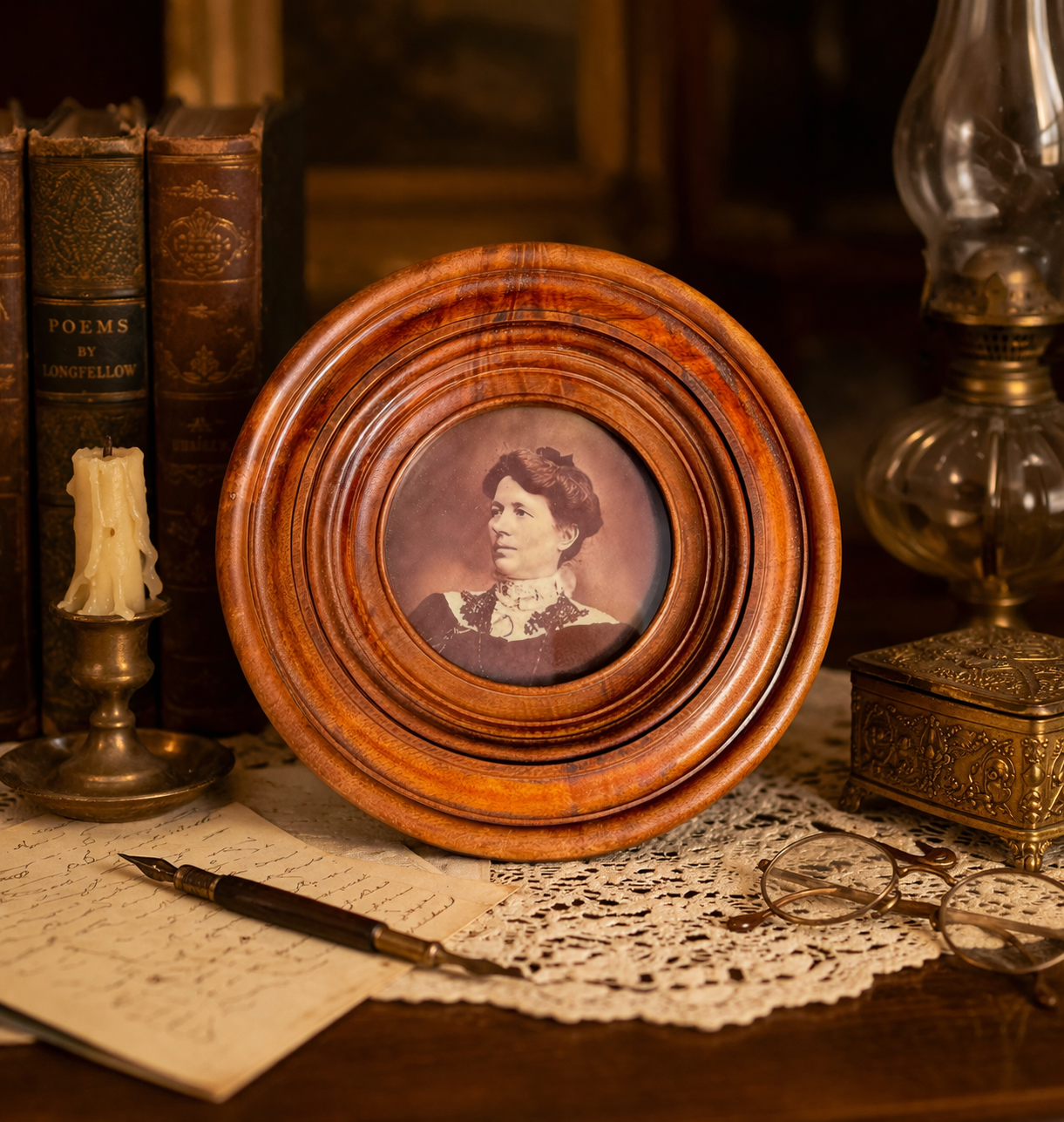 Antique Victorian Solid Walnut Round Portrait Frame with Inscribed Back & Photograph