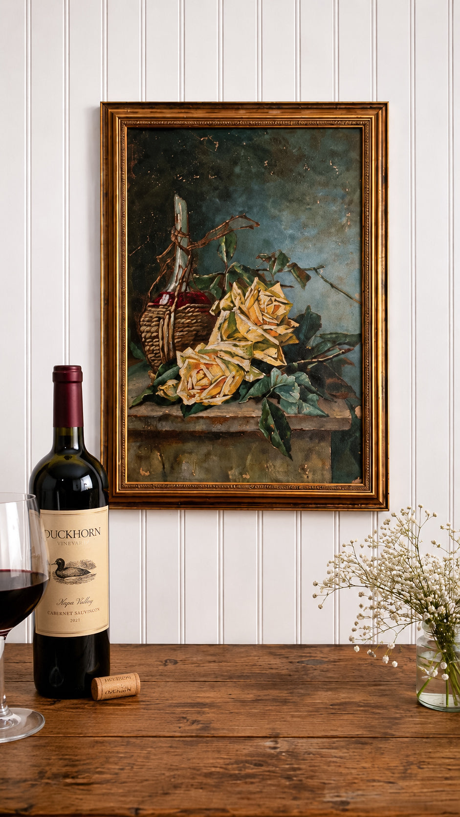 1901 Signed Oil on Board Still Life | Roses & Wine Bottle