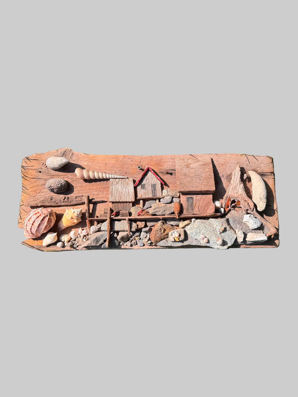 Handmade Coastal Folk Art Driftwood, Stone & Seashell Village Wall Sculpture