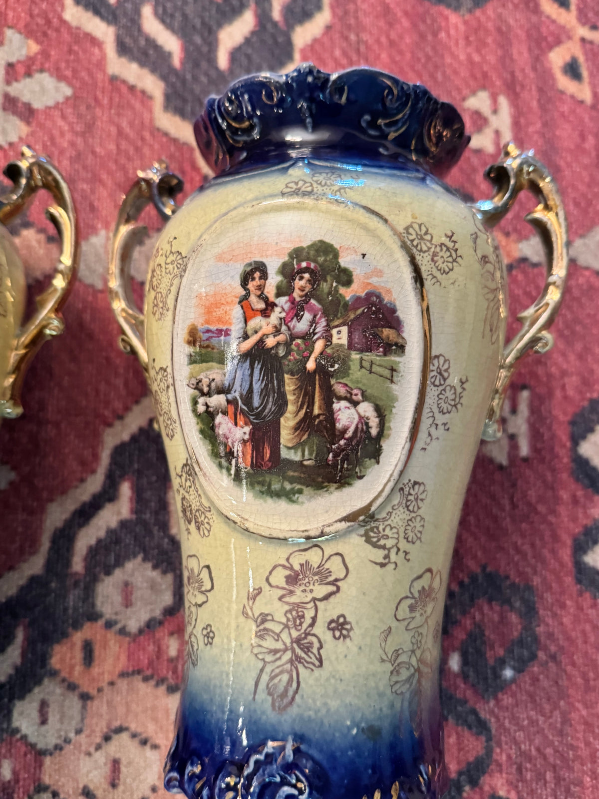 Antique English Cobalt & Gilt Double-Handled Pastoral Vases | Matching Pair