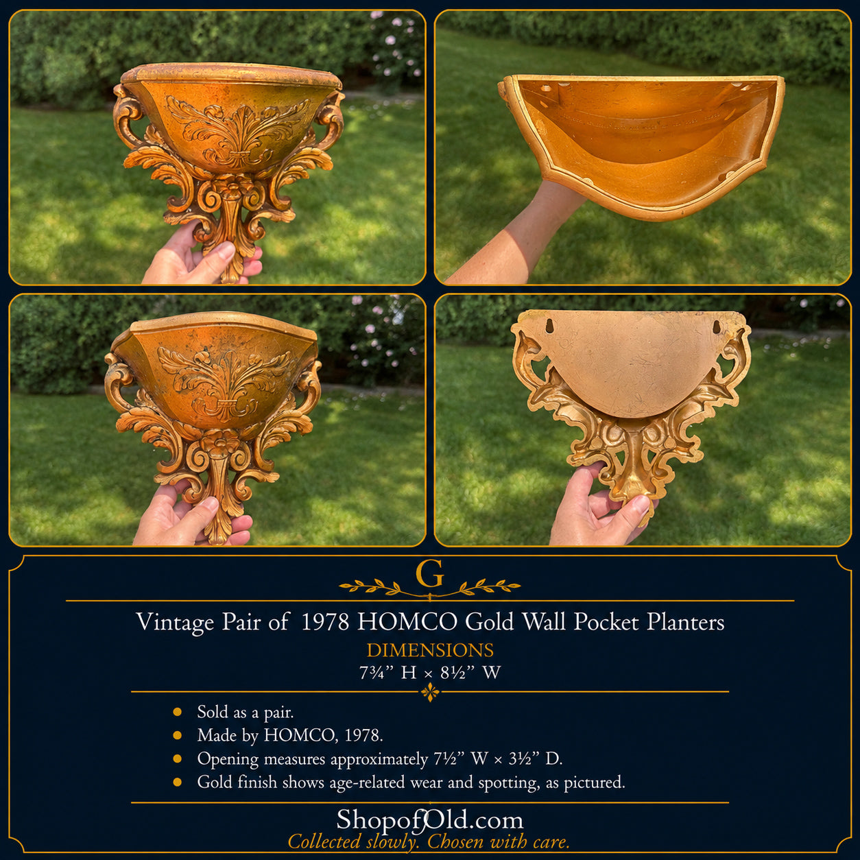 Vintage Pair of 1978 HOMCO Gold Wall Pocket Planters | Hollywood Regency Wall Pockets