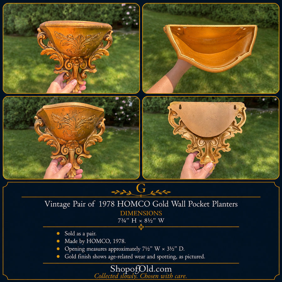 Vintage Pair of 1978 HOMCO Gold Wall Pocket Planters | Hollywood Regency Wall Pockets