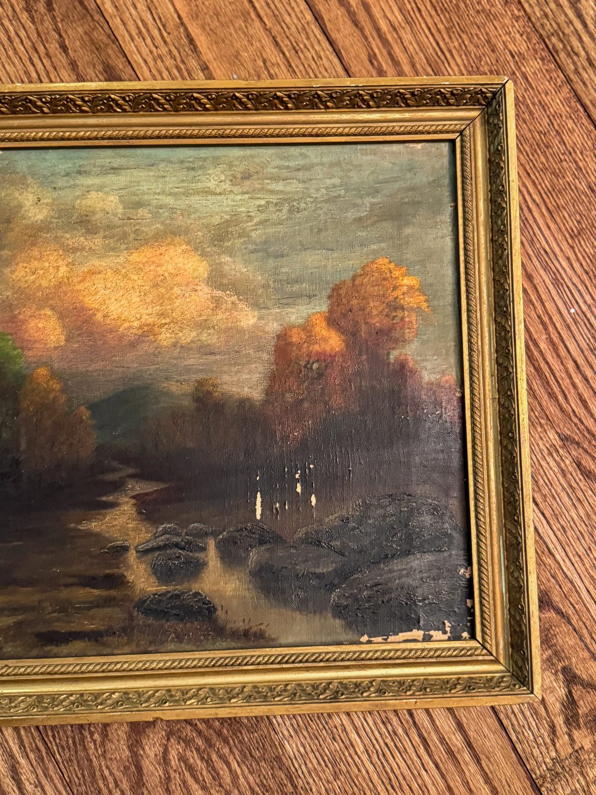 Signed Antique Tonalist Autumn River Landscape Oil Painting by R. Watkins | Original Gilt Frame