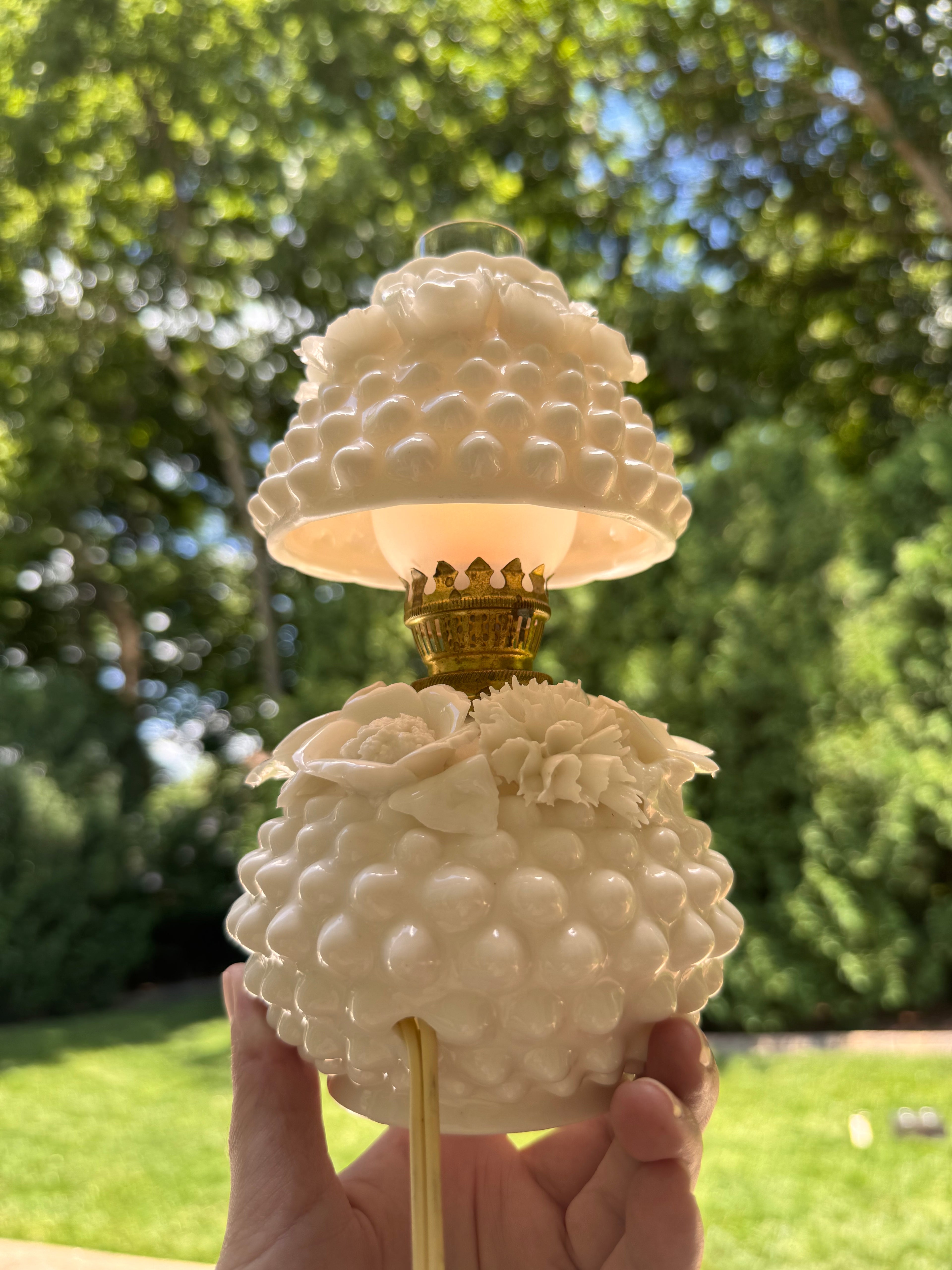 Vintage Fenton White Milk Glass Hobnail Boudoir Hurricane Lamp “Bantam”