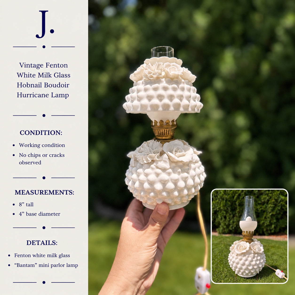 Vintage Fenton White Milk Glass Hobnail Boudoir Hurricane Lamp “Bantam”