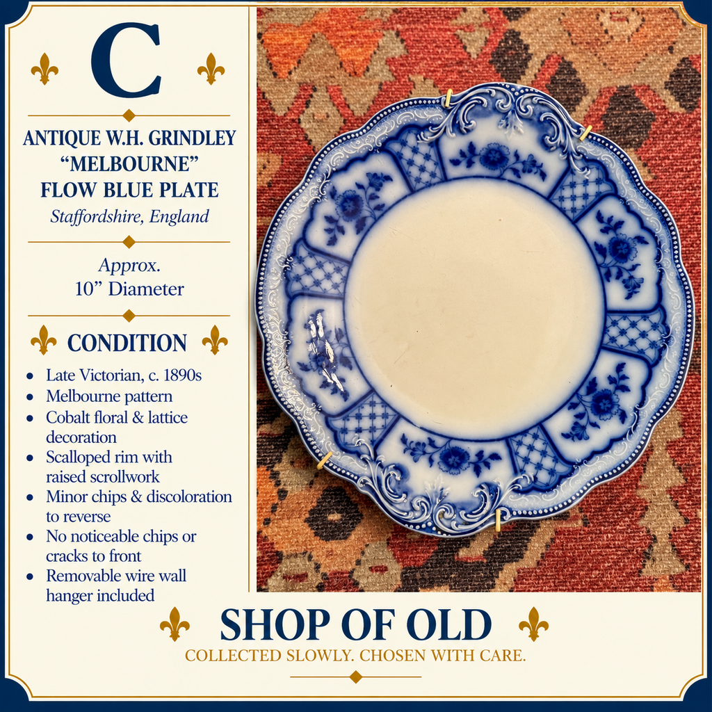 Antique W.H. Grindley Melbourne Flow Blue 10-Inch Plate with Wall Hanger | Victorian Staffordshire