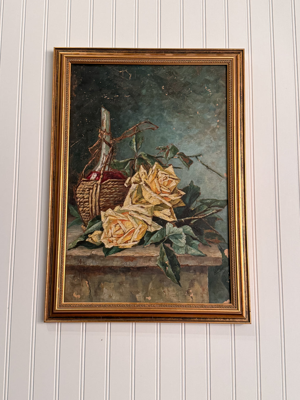 1901 Signed Oil on Board Still Life | Roses & Wine Bottle