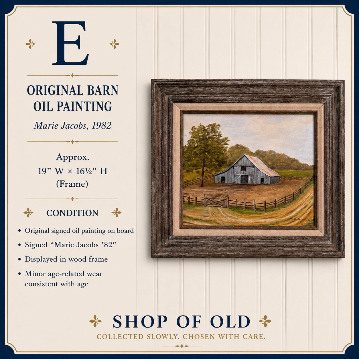 Original Barn Oil Painting by Marie Jacobs (1982) | Signed Framed Americana Landscape