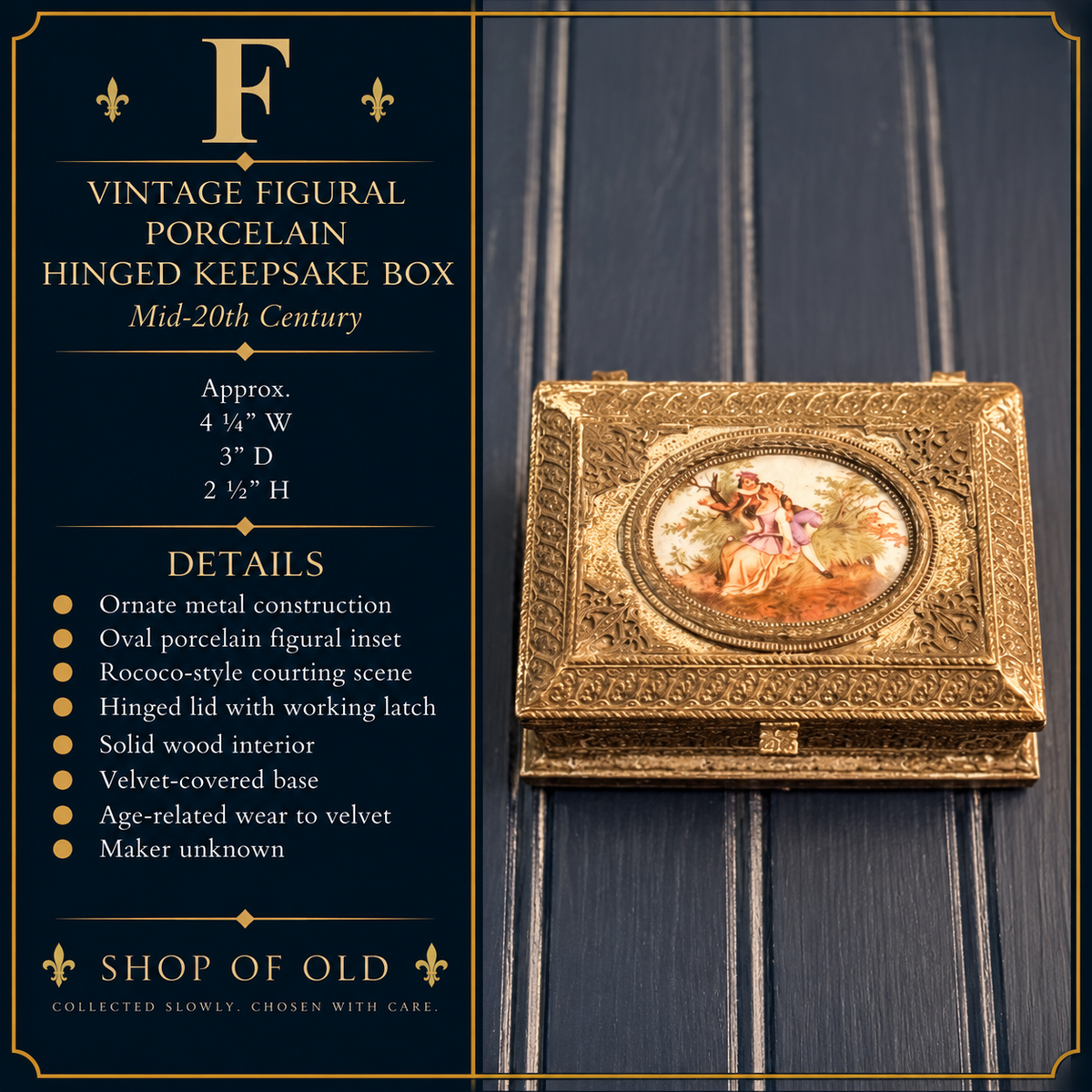 Vintage Ornate Metal Keepsake Box with Porcelain Courting Scene | Hinged Wood-Lined Trinket Box