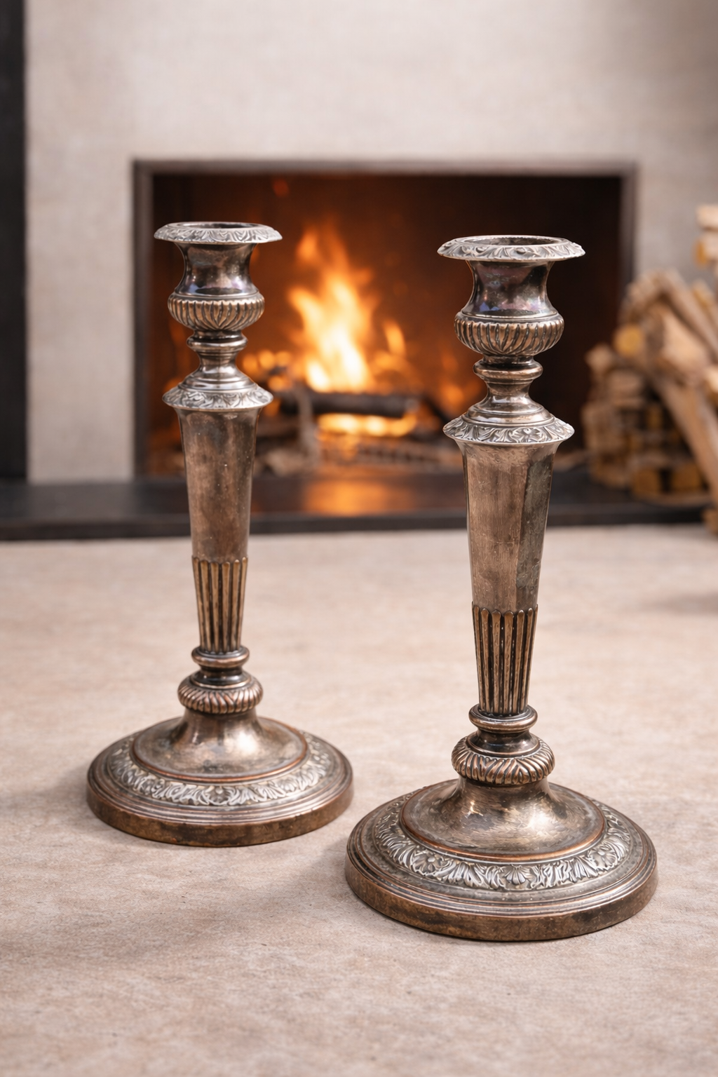 Estate Found Silverplate Candlesticks — Heavy Fluted Column Pair, 11”