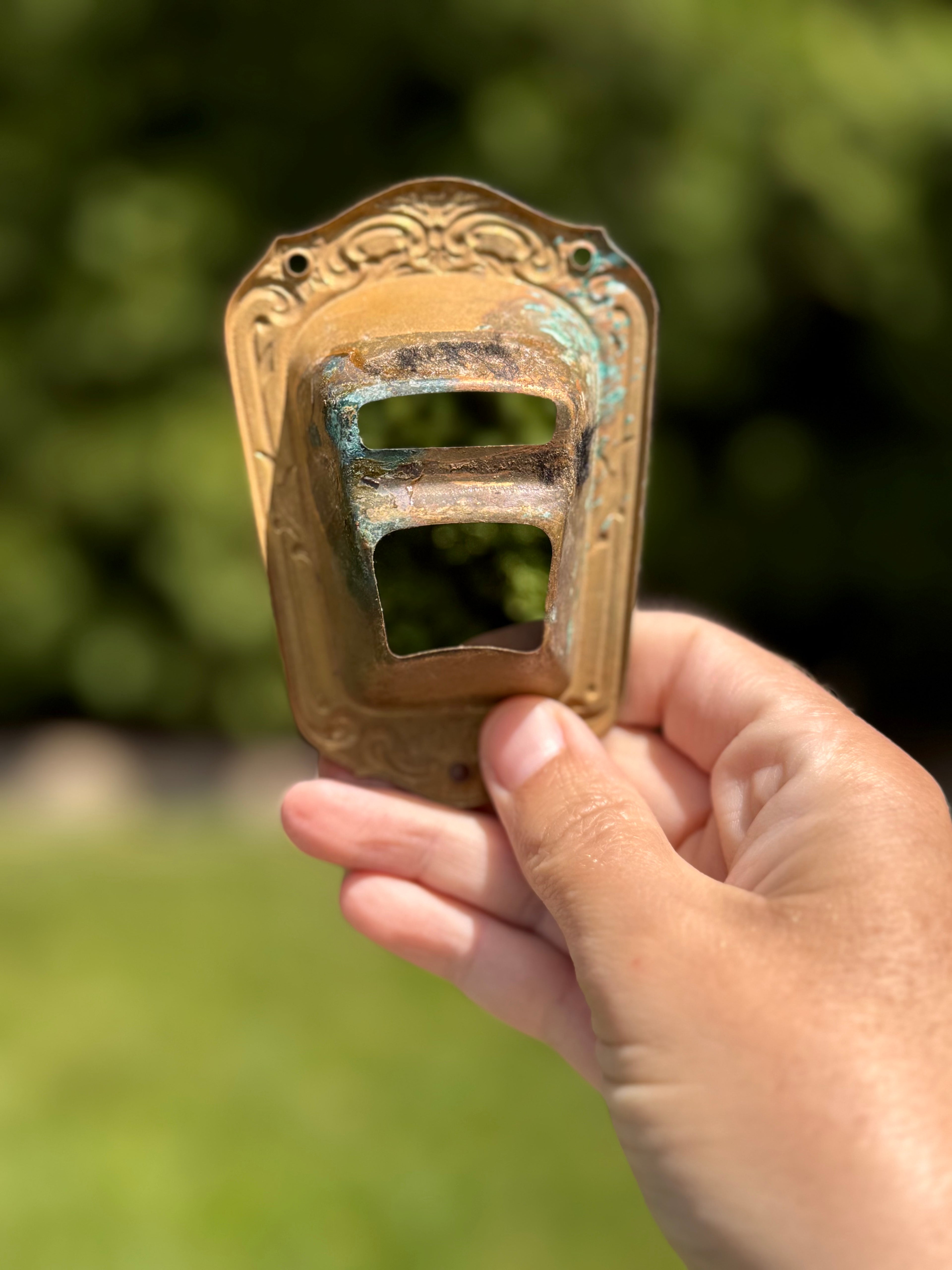Antique French Brass Architectural Escutcheon Pocket | Ornate Salvaged Hardware Fragment, 4”