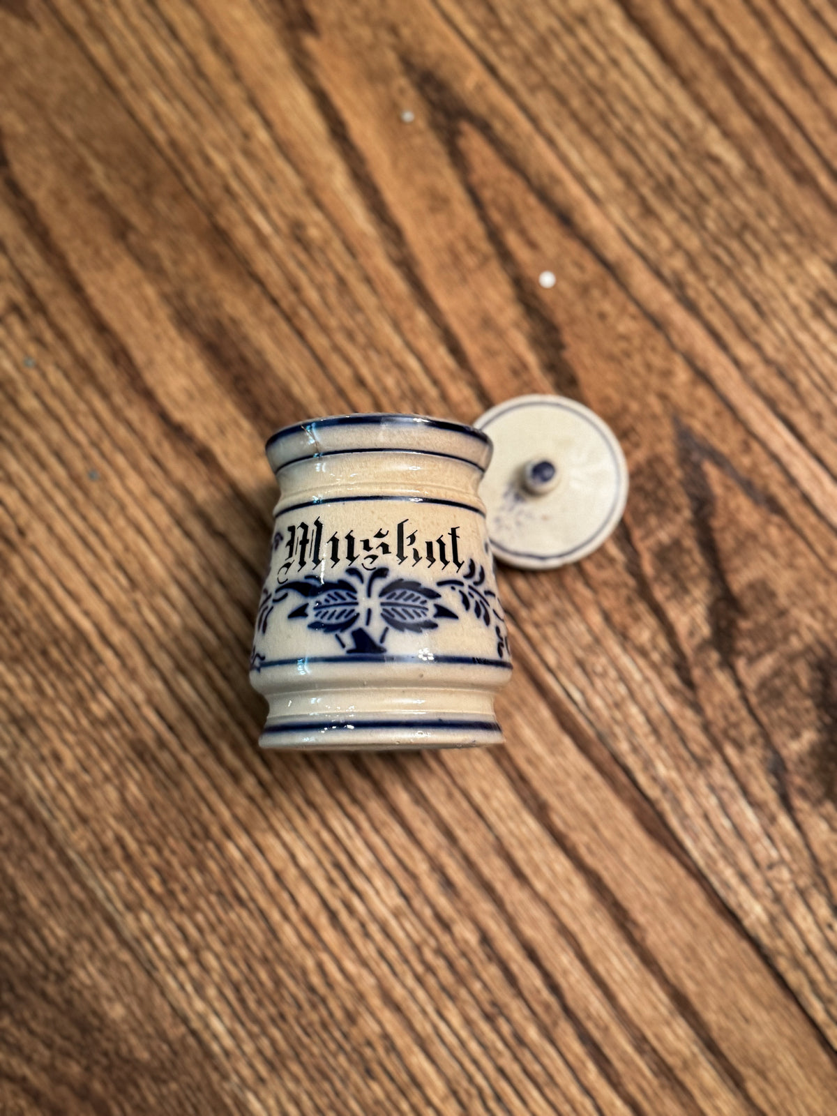 Antique German Muskat Nutmeg Spice Jar | Blue & White Stoneware Canister with Lid
