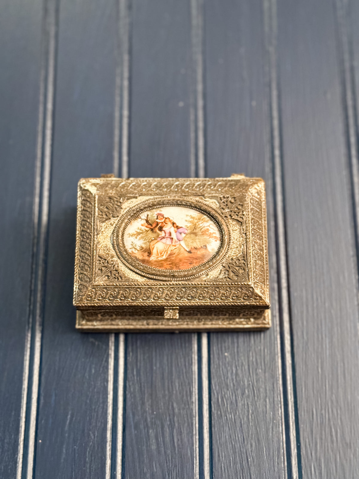 Vintage Ornate Metal Keepsake Box with Porcelain Courting Scene | Hinged Wood-Lined Trinket Box