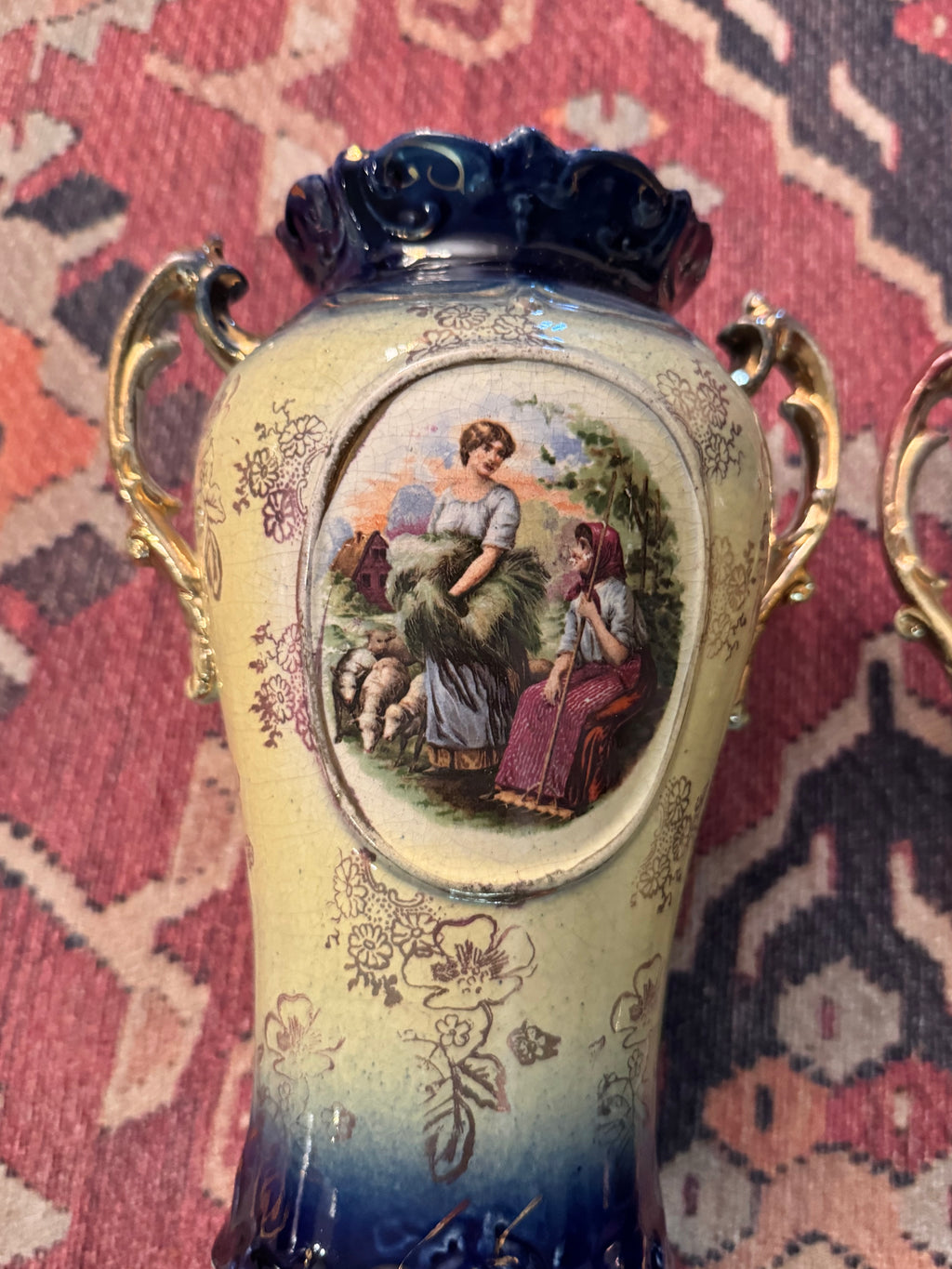 Antique English Cobalt & Gilt Double-Handled Pastoral Vases | Matching Pair