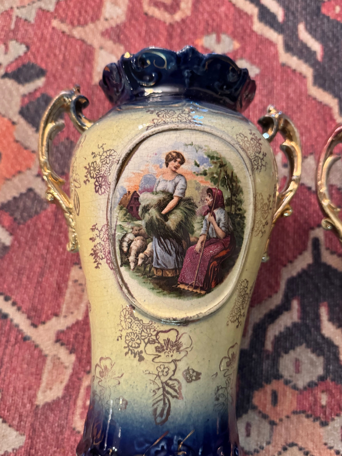 Antique English Cobalt & Gilt Double-Handled Pastoral Vases | Matching Pair