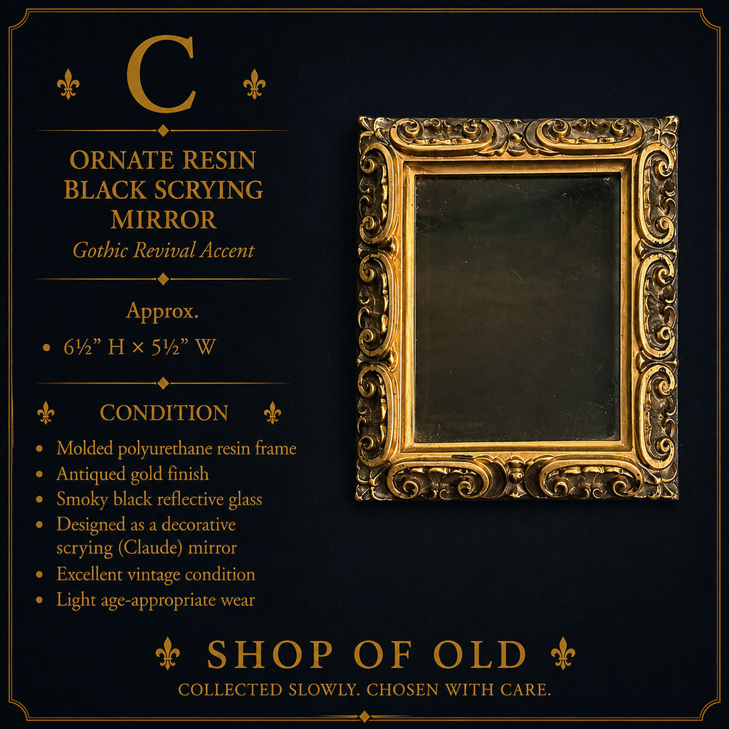 Ornate Resin Black Scrying Mirror | Gothic Revival Claude Mirror | Antiqued Gold Frame | Decorative Accent