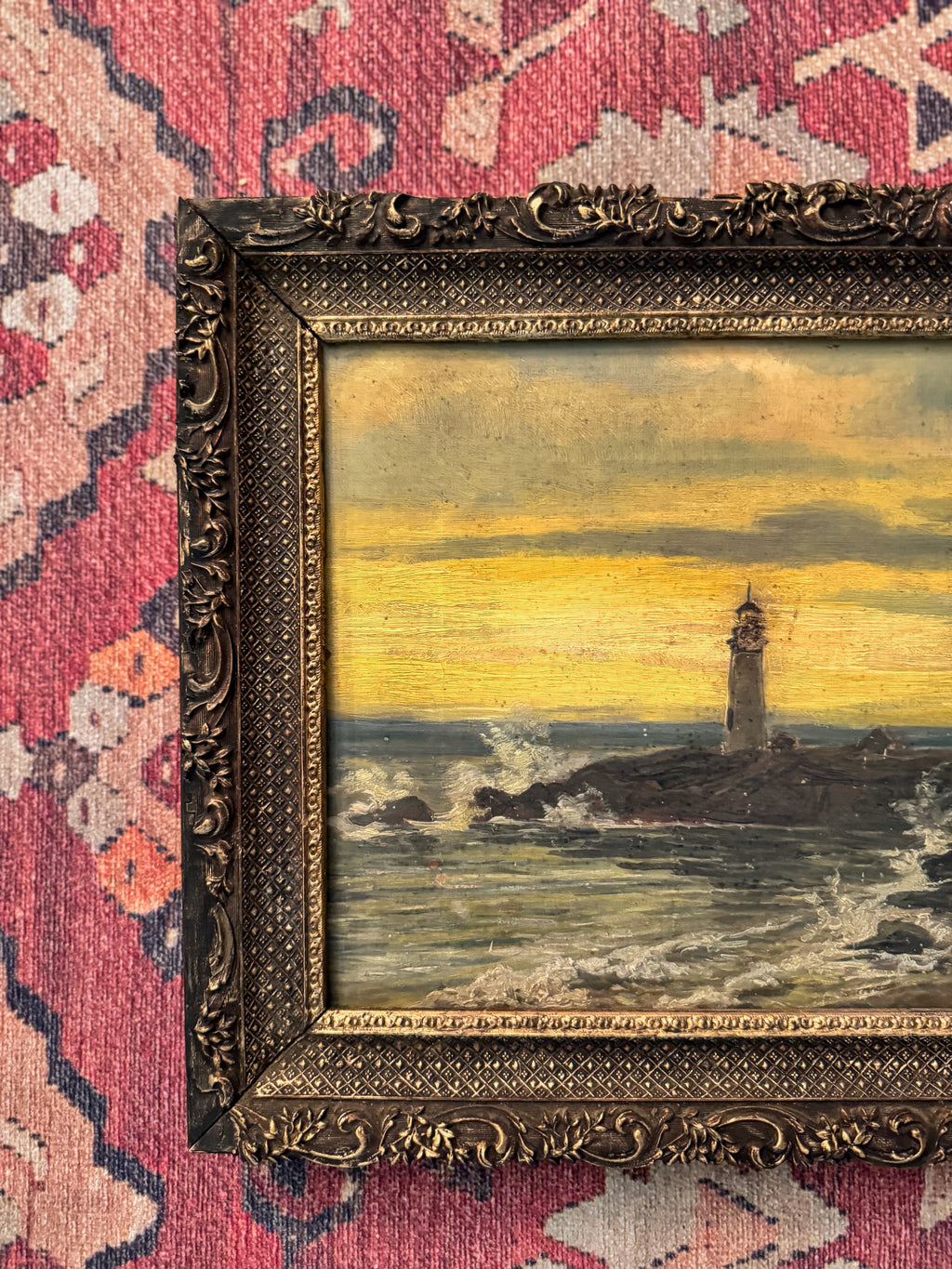 Antique Coastal Lighthouse Oil Painting with Grazing Cattle in Carved Gilt Wood Frame