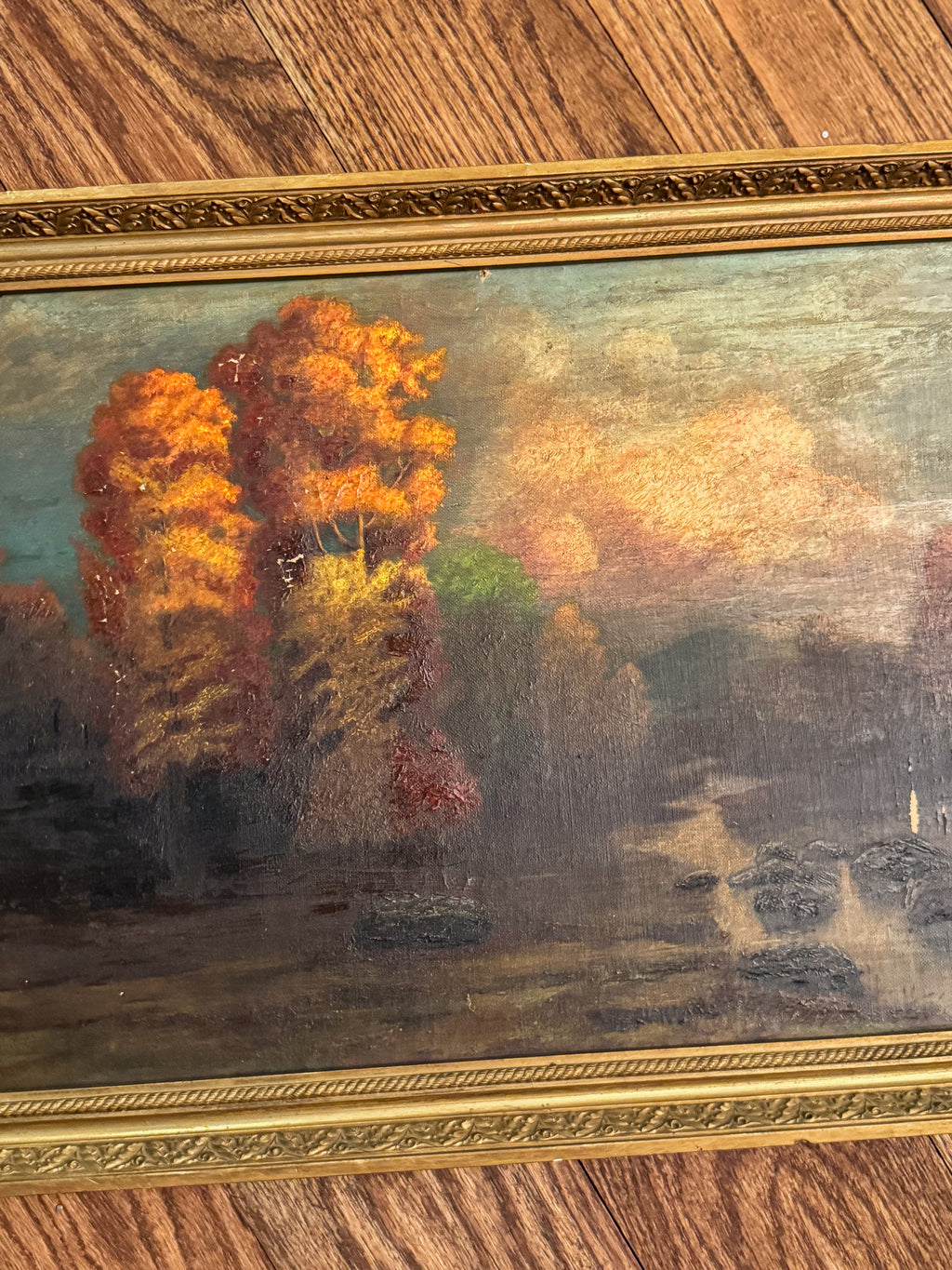 Signed Antique Tonalist Autumn River Landscape Oil Painting by R. Watkins | Original Gilt Frame