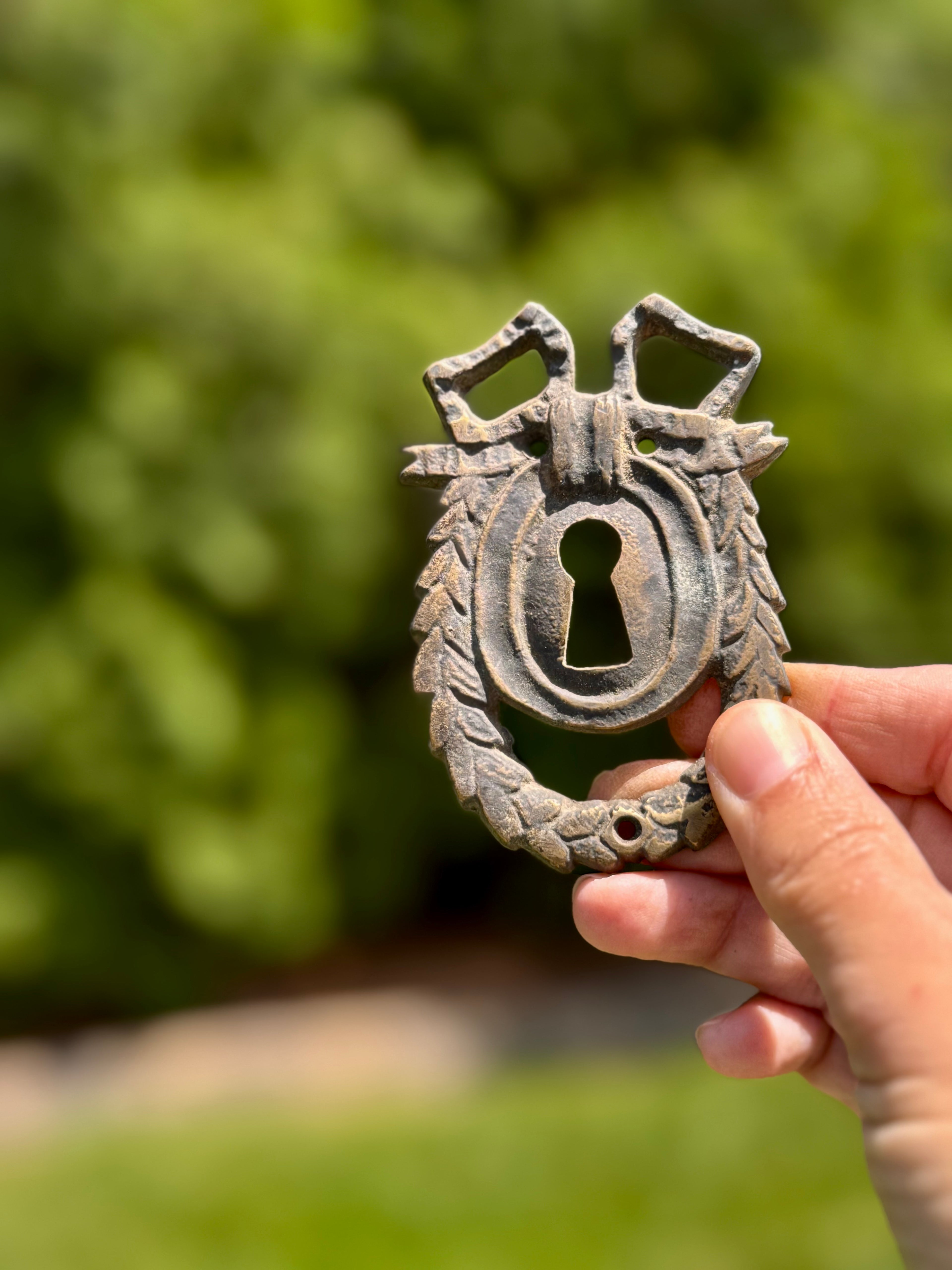 Antique Laurel Wreath Keyhole Escutcheon | Cast Brass Furniture Hardware Fragment