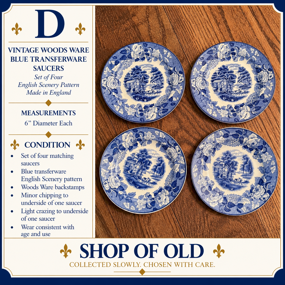 Vintage Woods Ware English Scenery Blue Transferware Saucers | Set of 4