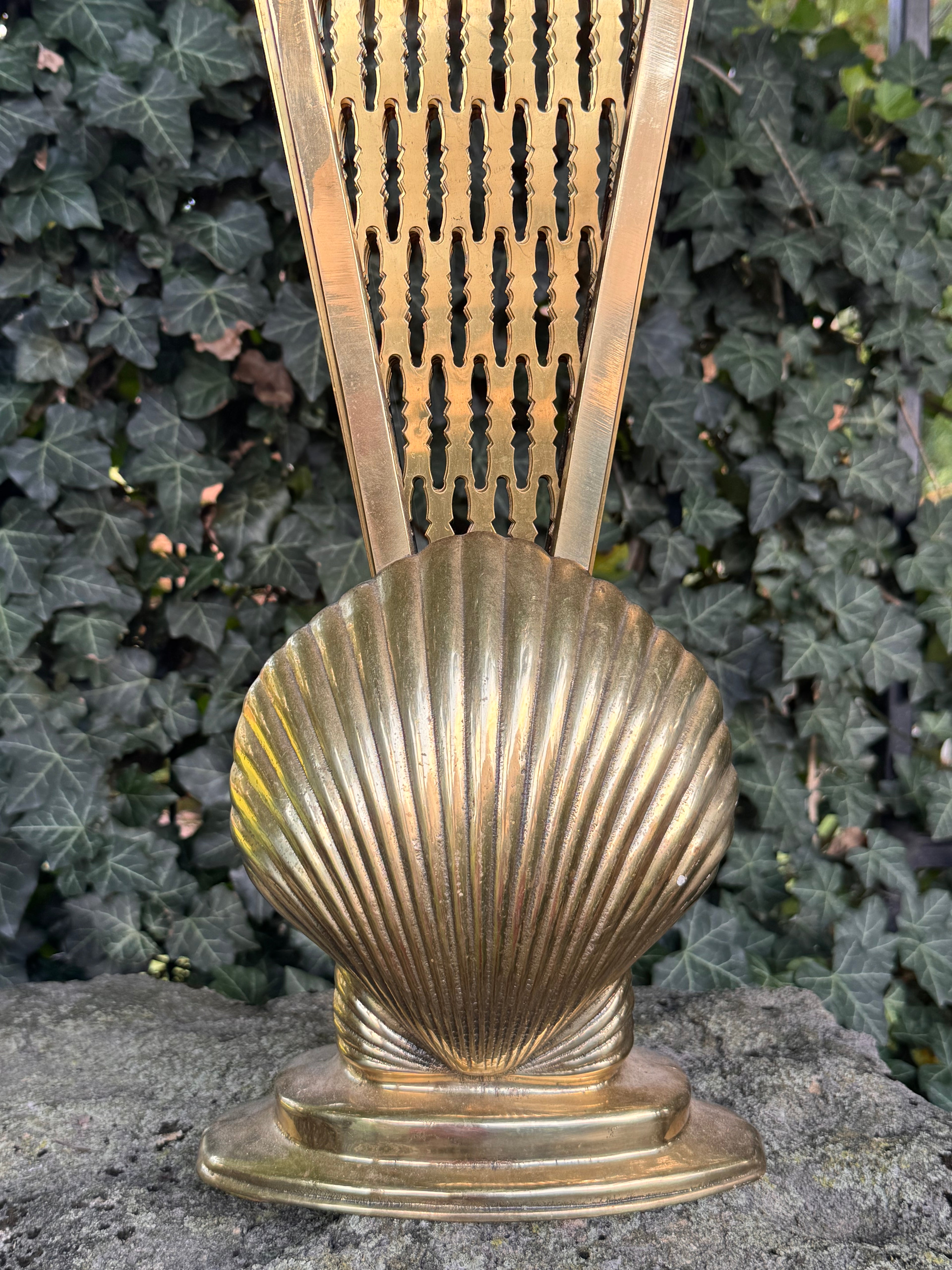 Vintage Solid Brass Peacock Fan Fireplace Screen | Hollywood Regency Folding Clamshell Fire Screen