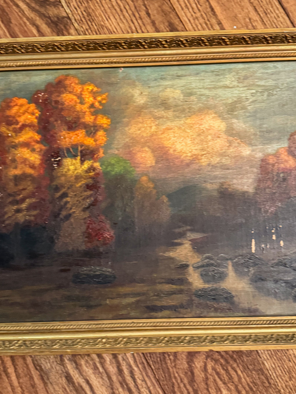 Signed Antique Tonalist Autumn River Landscape Oil Painting by R. Watkins | Original Gilt Frame