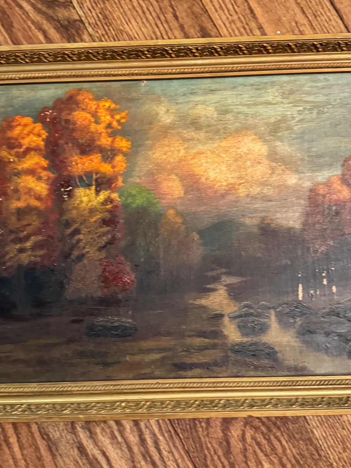 Signed Antique Tonalist Autumn River Landscape Oil Painting by R. Watkins | Original Gilt Frame