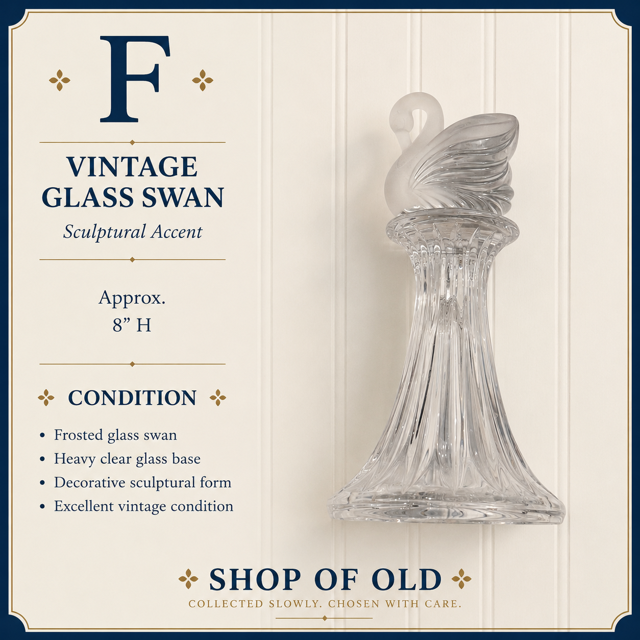 Vintage Frosted Glass Swan Sculpture | Heavy Clear Glass Pedestal Accent | 8”