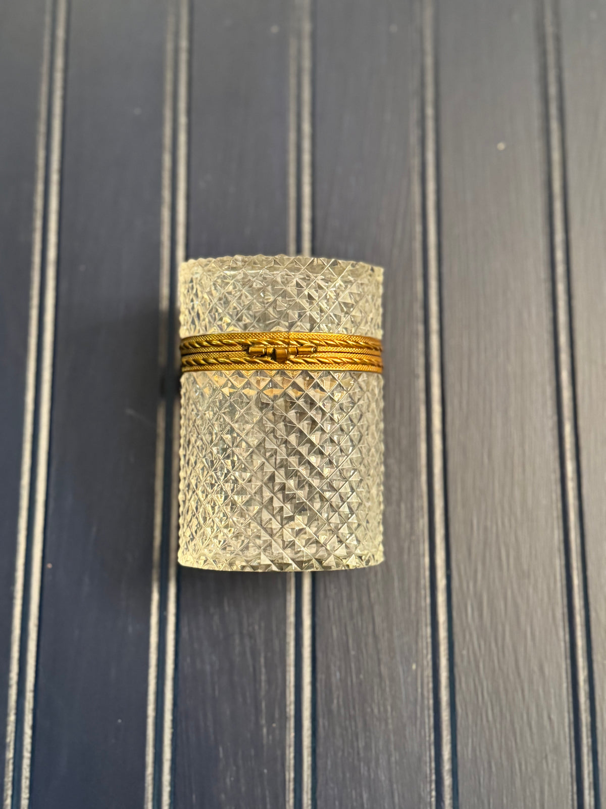 Vintage Cut Glass Hinged Dresser Box with Gold-Tone Bow & Wreath Clasp