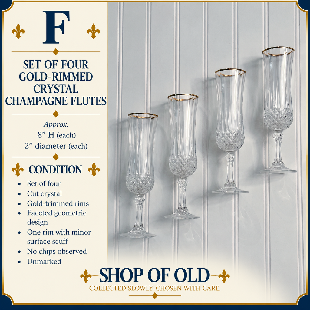 Vintage Gold-Rimmed Crystal Champagne Flutes, Set of 4 | Cut Crystal Stemware