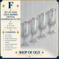 Vintage Gold-Rimmed Crystal Champagne Flutes, Set of 4 | Cut Crystal Stemware