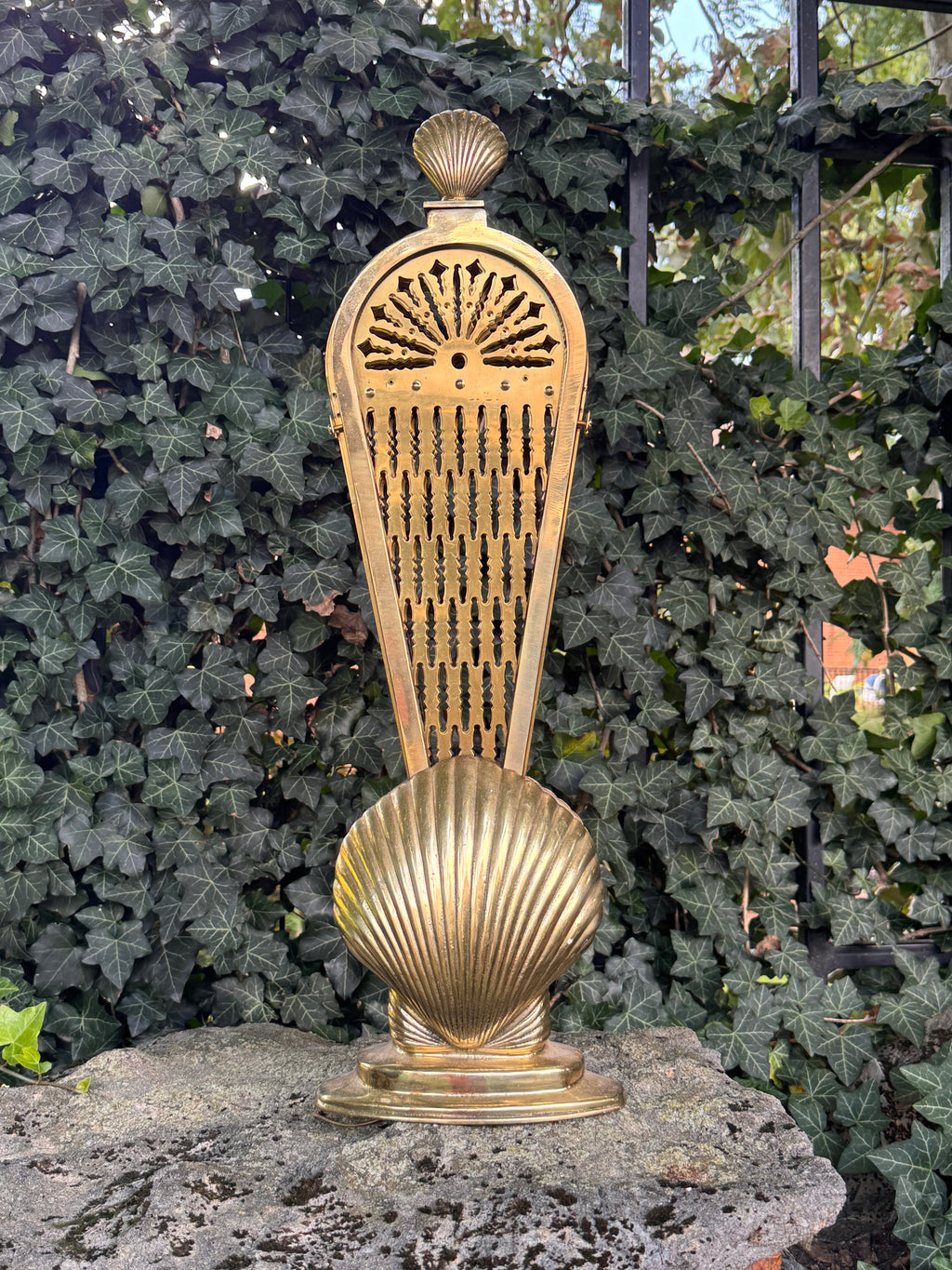 Vintage Solid Brass Peacock Fan Fireplace Screen | Hollywood Regency Folding Clamshell Fire Screen