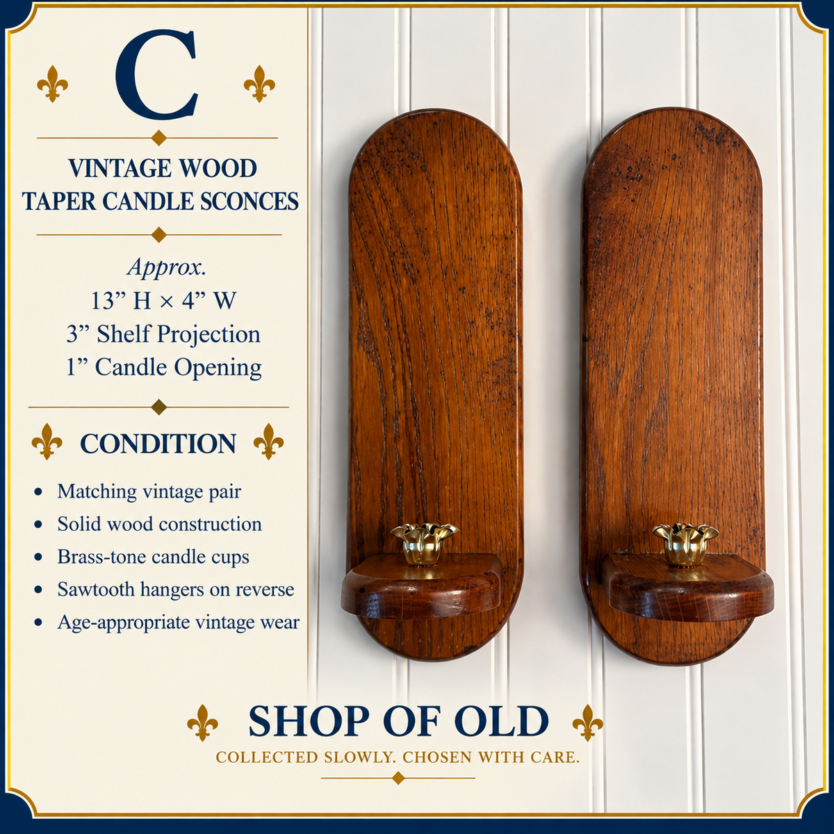 Vintage Solid Wood Wall-Mounted Taper Candle Sconces | Pair