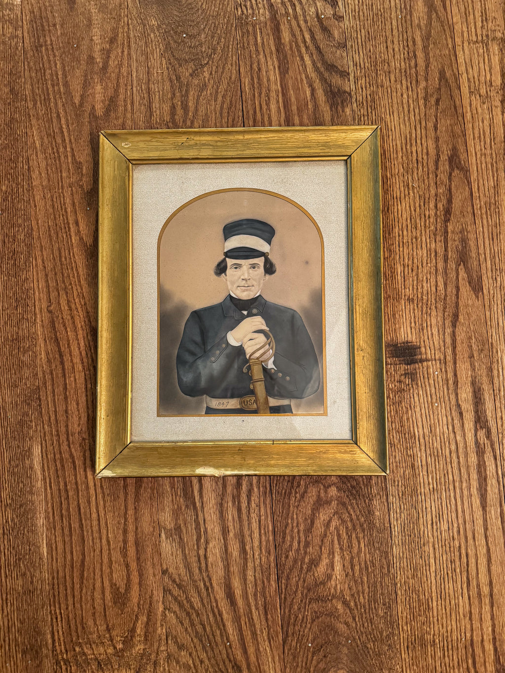 Antique Mexican-American War Soldier Portrait Print | 1847 Military Portrait in Gilt Frame