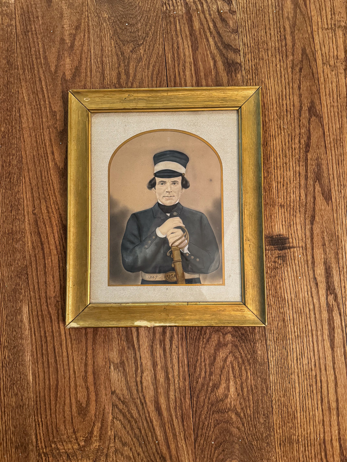 Antique Mexican-American War Soldier Portrait Print | 1847 Military Portrait in Gilt Frame