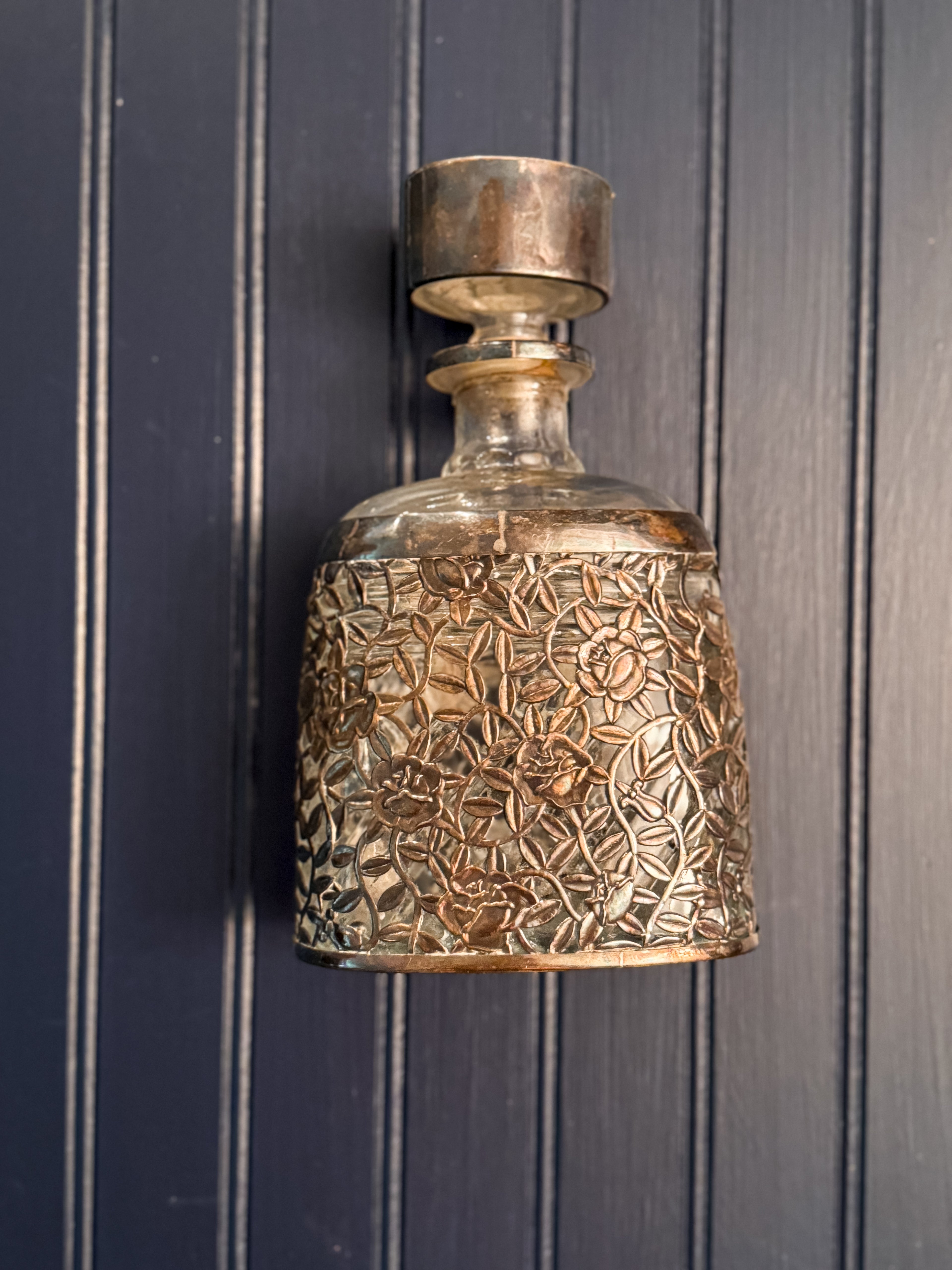 Vintage Art Nouveau Style Glass Decanter | Silver-Toned Floral Overlay | Ornate Barware