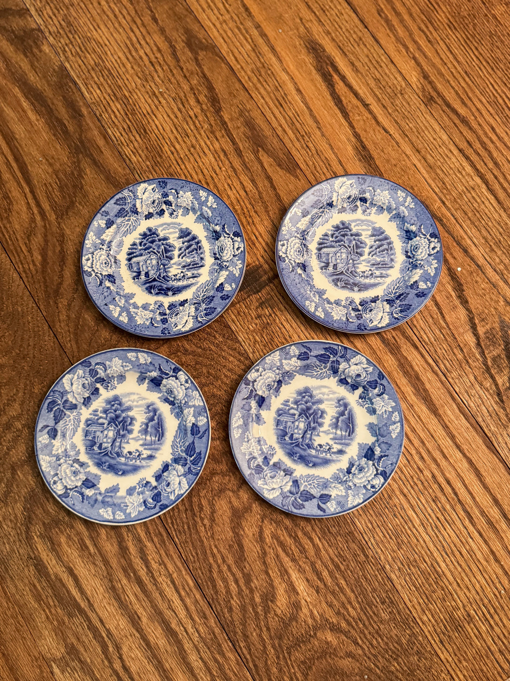 Vintage Woods Ware English Scenery Blue Transferware Saucers | Set of 4