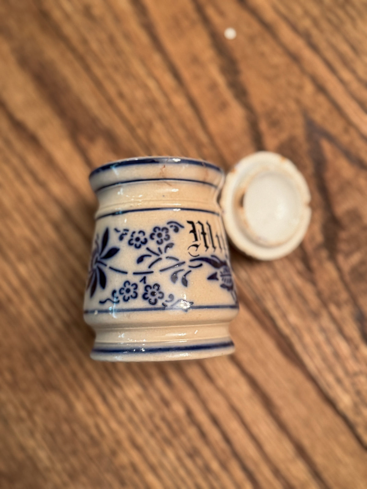 Antique German Muskat Nutmeg Spice Jar | Blue & White Stoneware Canister with Lid