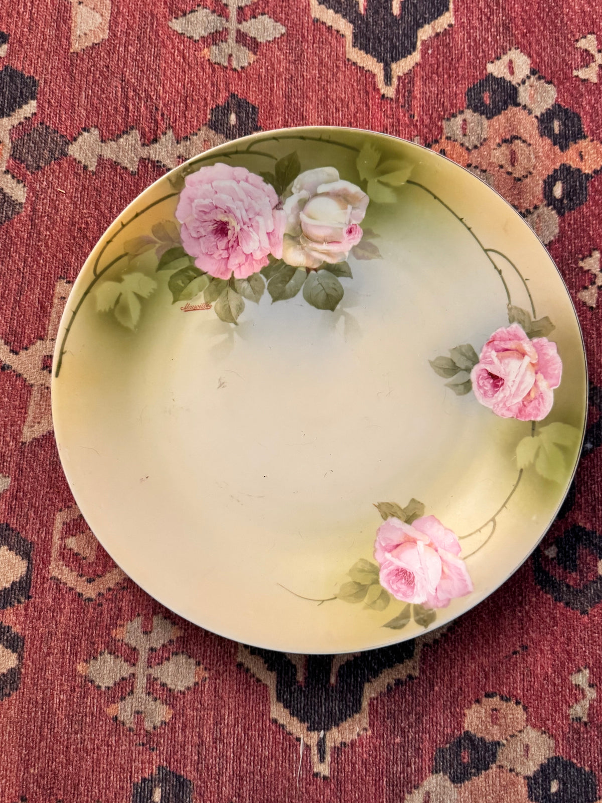 Antique P.S.A.G. Bavaria Maurville Hand-Painted Pink Rose Porcelain Charger | 12”