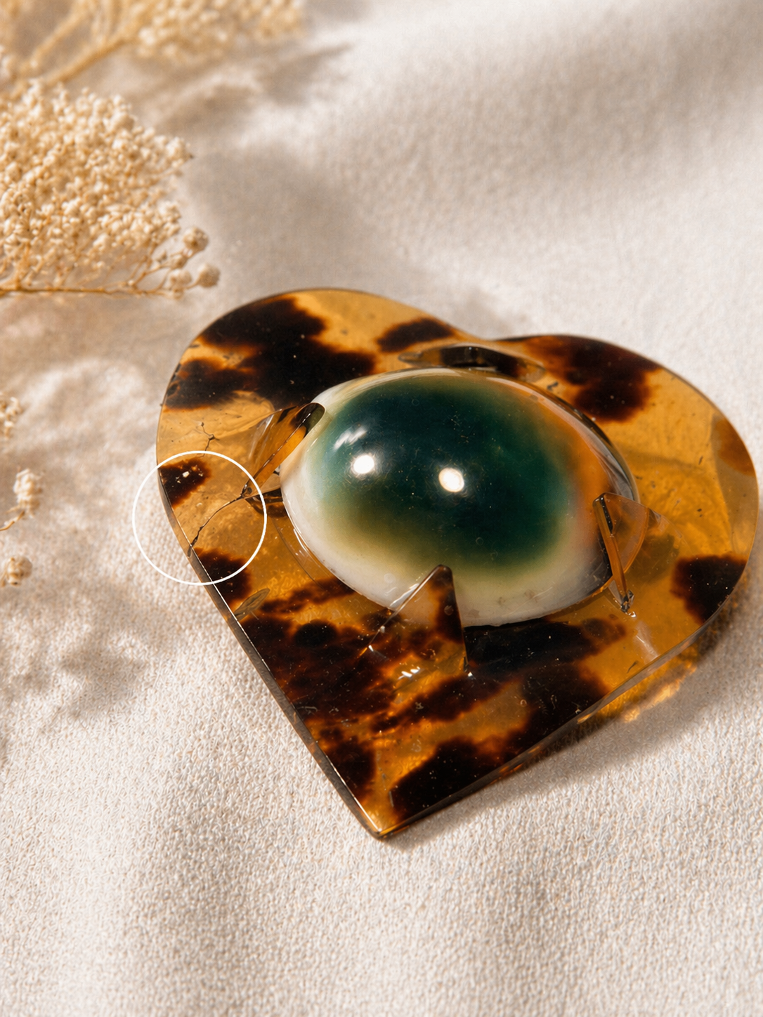 Antique Operculum Cabochon in Tortoiseshell Celluloid Heart Brooch