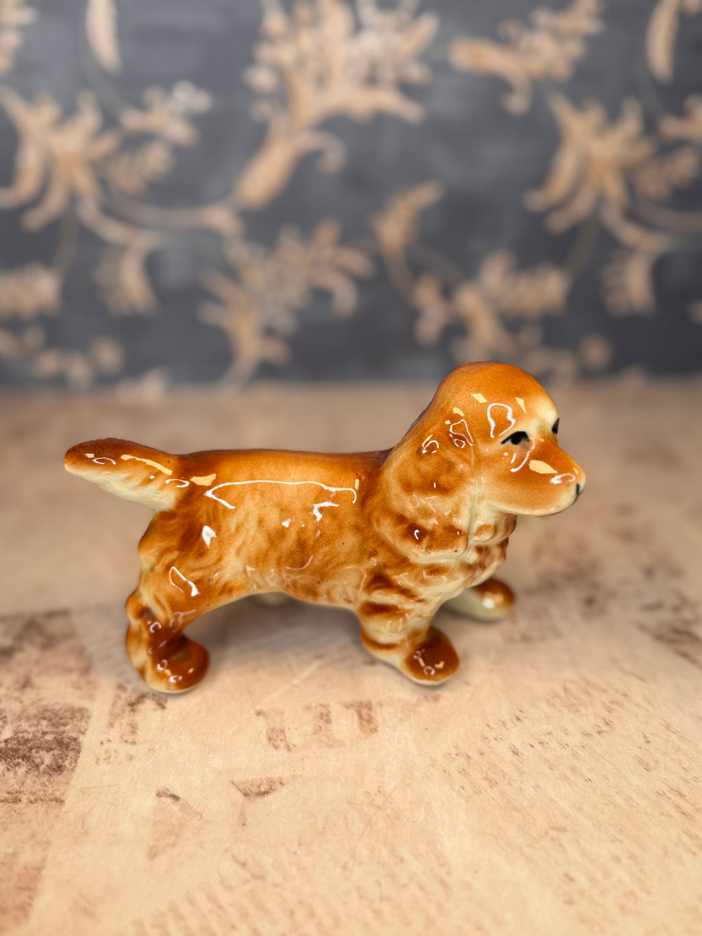 Vintage Porcelain Spaniel Figurine Orange & White Dog Statue
