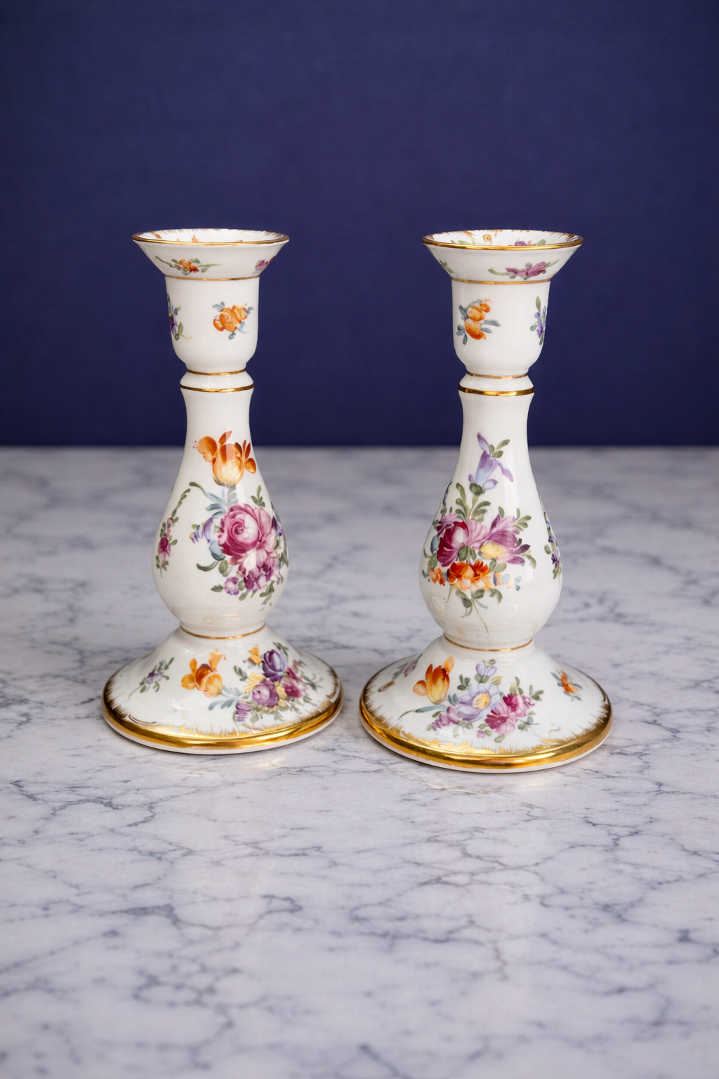 Antique Dresden Porcelain Candlesticks, Crown D Mark Hand-Painted Floral Pair