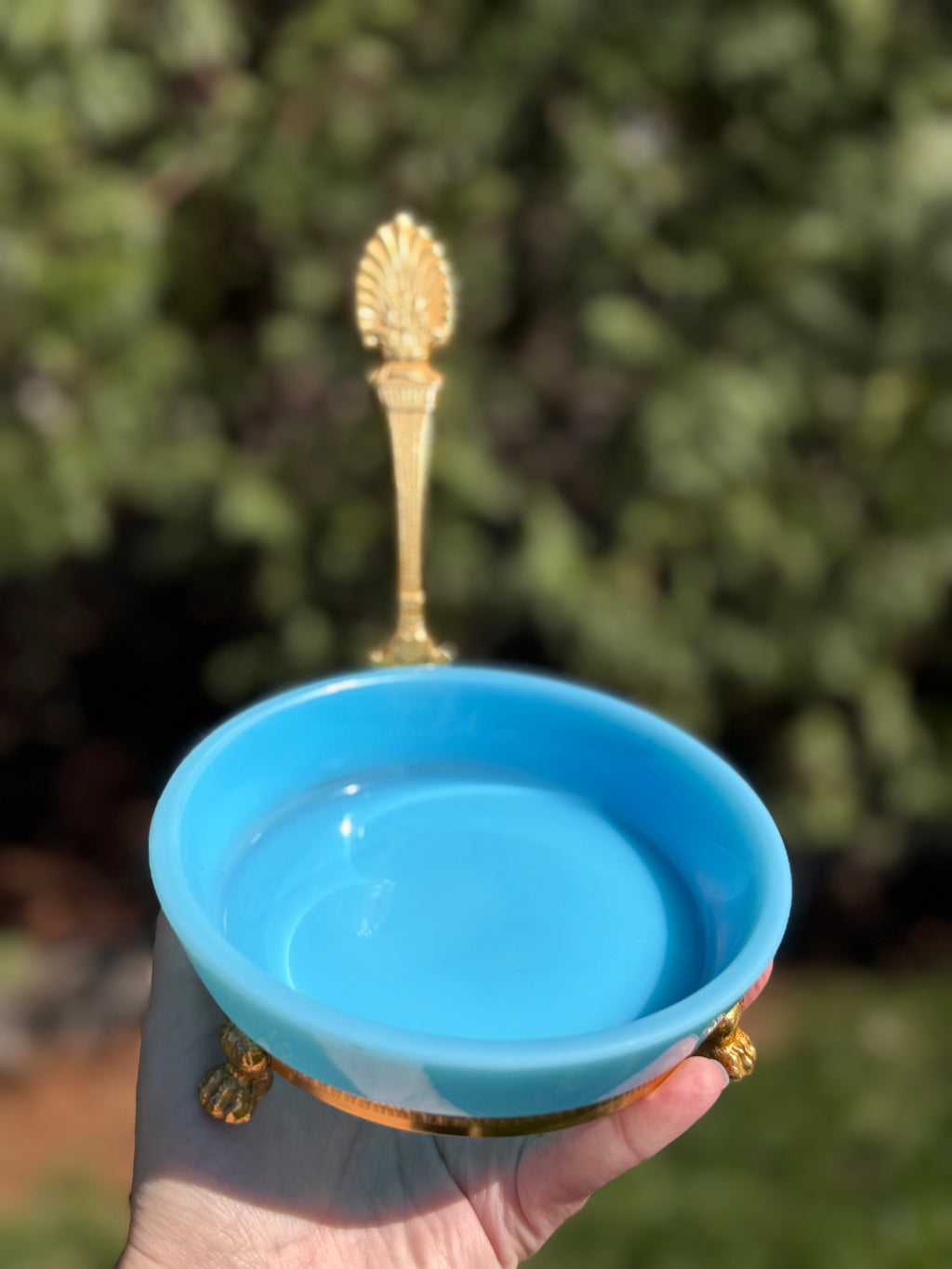 French Blue Opaline Glass Dish with Gilt Stand & Handle, Estate Sourced